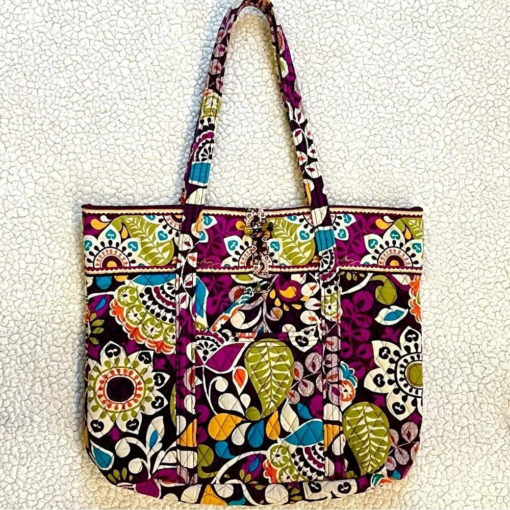 Vera Bradley Retired Plum Crazy Floral Pattern Tote Bag Purse - Picture 6 of 15